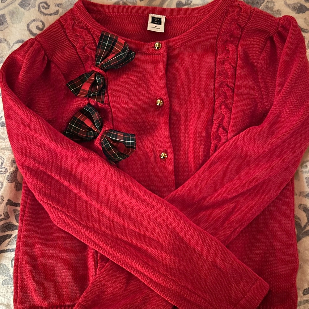 Janie and Jack Red Cardigan with Plaid Bow Details